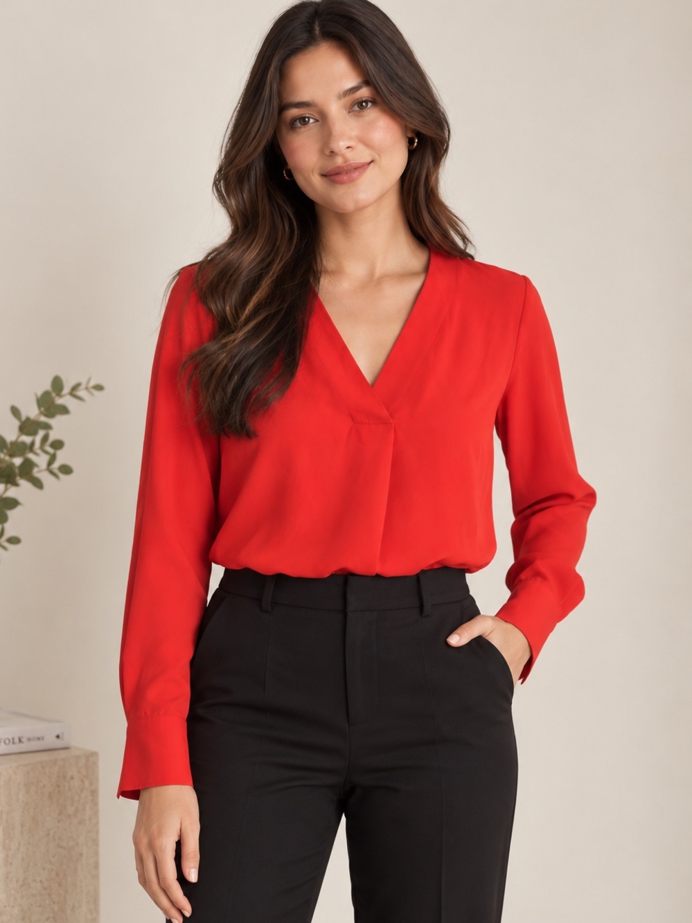 Banana Republic Red V-Neck Long-Sleeve Blouse